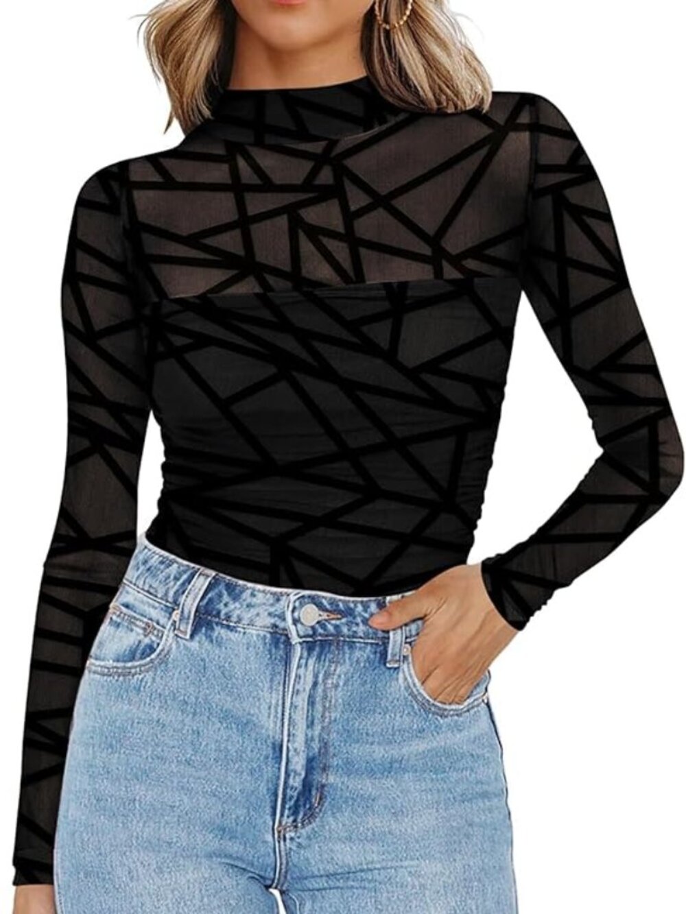 Mesh Sheer Long Sleeve Top Mock Turtle Neck See Though Shirt